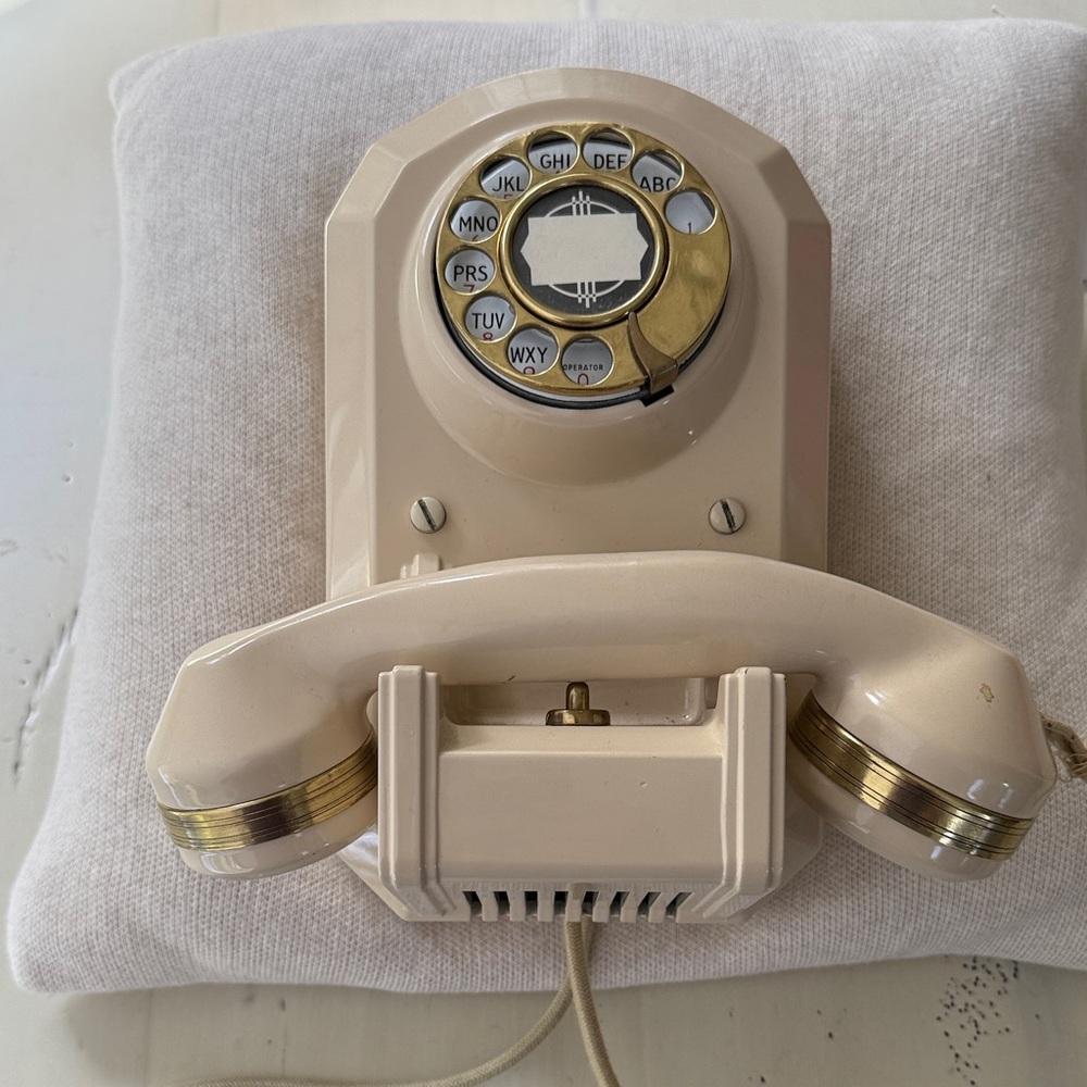 Vintage Wall Mount Rotary Dial Telephone in Ivory with Brass Trim